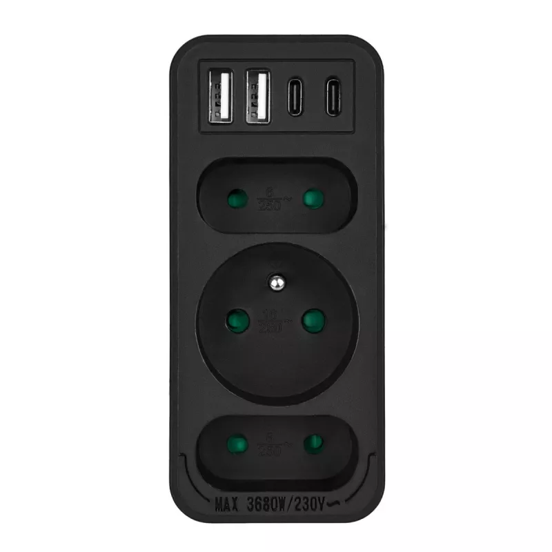 Maitinimo skirstytuvas MACLEAN MCE248 F/B — 3 kintamosios srovės lizdai (1x16A, 2x6A) ir 4 USB prievadai (2xUSB‑A, 2xUSB‑C PD 20W), ES kištukas, juodas