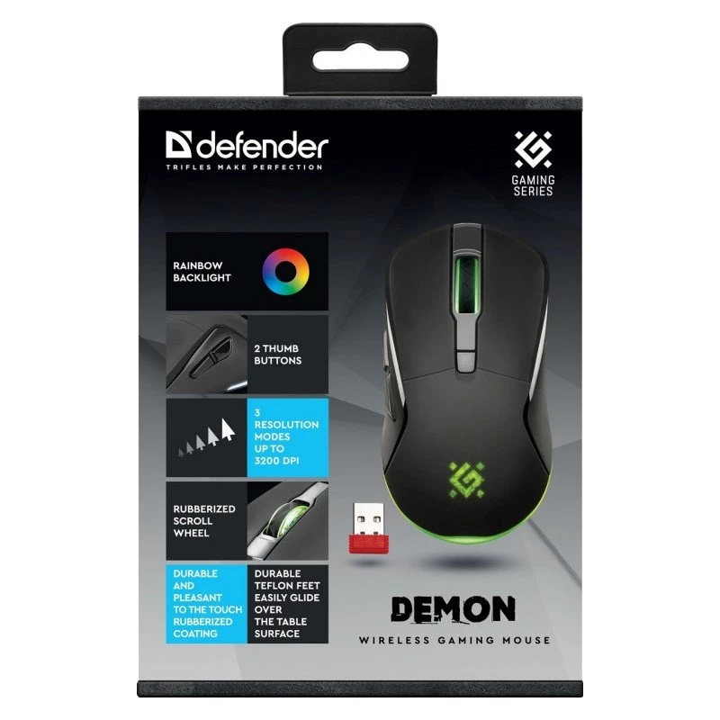 Belaidė žaidimų pelė DEFENDER Demon GM-534 RF, abiem rankoms tinkama, 3200 DPI, 5 mygtukai, 2,4 GHz USB-A nano imtuvas