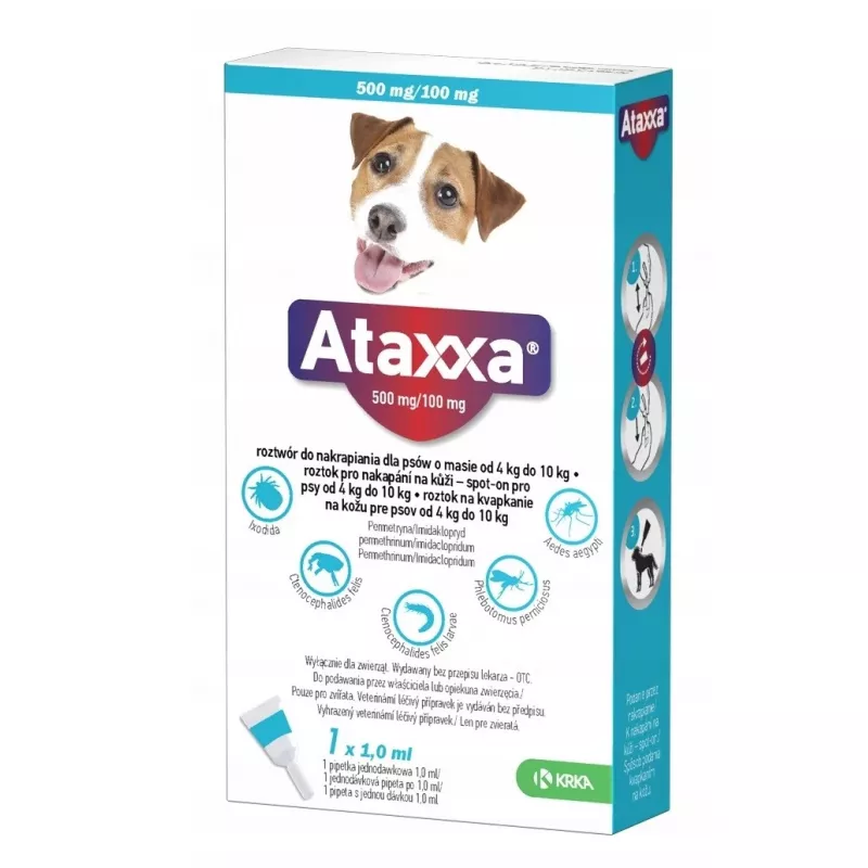 ATAXXA 500 mg/100 mg (4–10 kg) – lašai nuo blusų ir erkių šunims – 1×1 ml