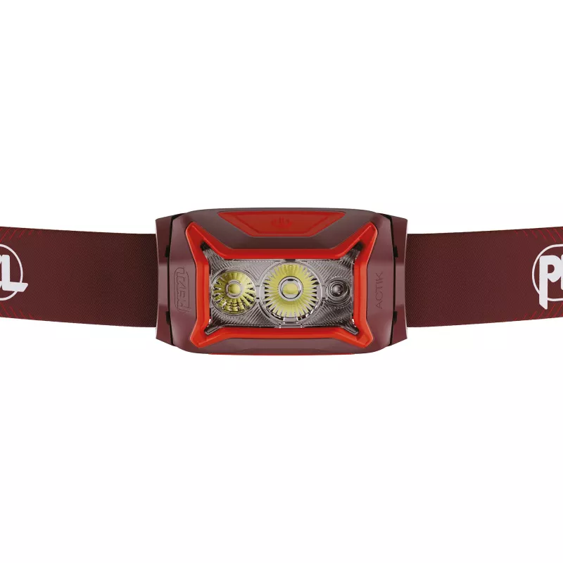 Galvos diržo žibintuvėlis Petzl Actik Core — LED, 100 lm, įmontuota 1250 mAh USB įkraunama baterija, IPX4, raudonas