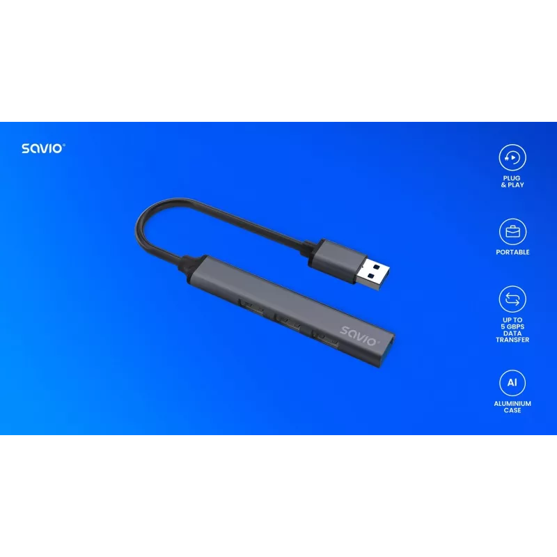 USB šakotuvas SAVIO AK-70, 7 prievadų USB 3.0, 4 naudojami prievadai, USB Type-A pagrindinis, 5 Gbit/s perdavimas, garantija 2 metai