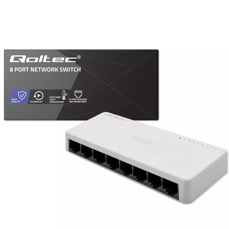 Tinklo komutatorius QOLTEC 52246 — 8 x RJ45 prievadai, 100 Mbps