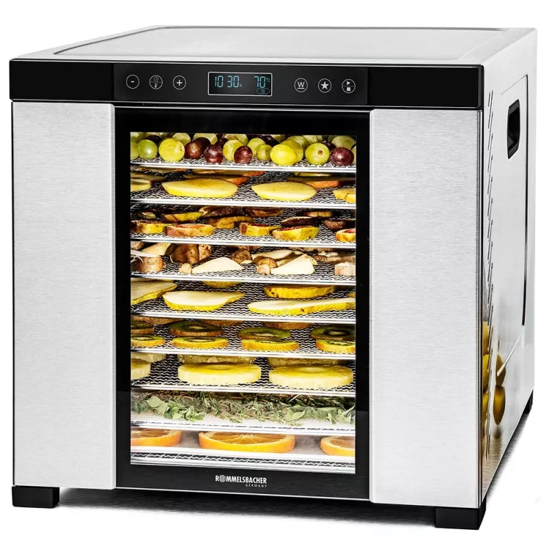 Maisto džiovykle Rommelsbacher DA1050, nerūdijantis plienas, 5 padėklai (10 nerūdijančio plieno dėklų), reguliuojama 35–75 °C, 99 val. laikmatis, 1,6 m² džiovinimo plotas