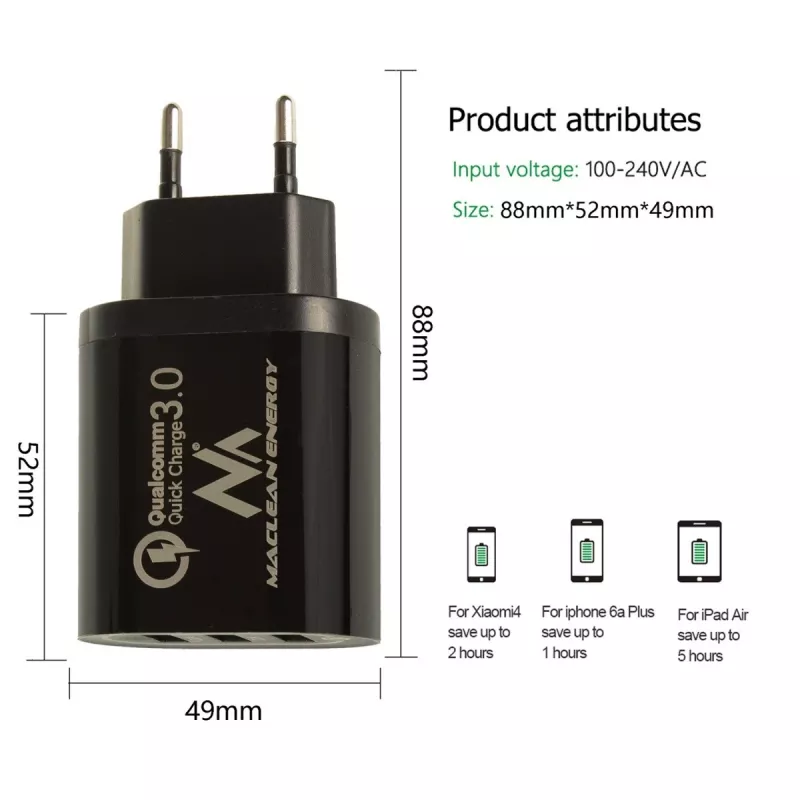 USB sieninis įkroviklis MACLEAN MCE479B — 3 USB prievadai, 18 W bendra galia, kompaktiškas