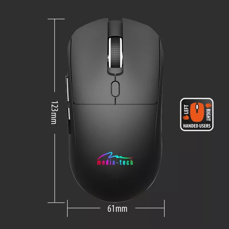 Belaidė pelė MEDIA-TECH MT1124 BT/RF Silent & Recharge — abiem rankoms tinkama, 3200 DPI, Bluetooth + 2,4 GHz USB, 6 mygtukai, įkraunama