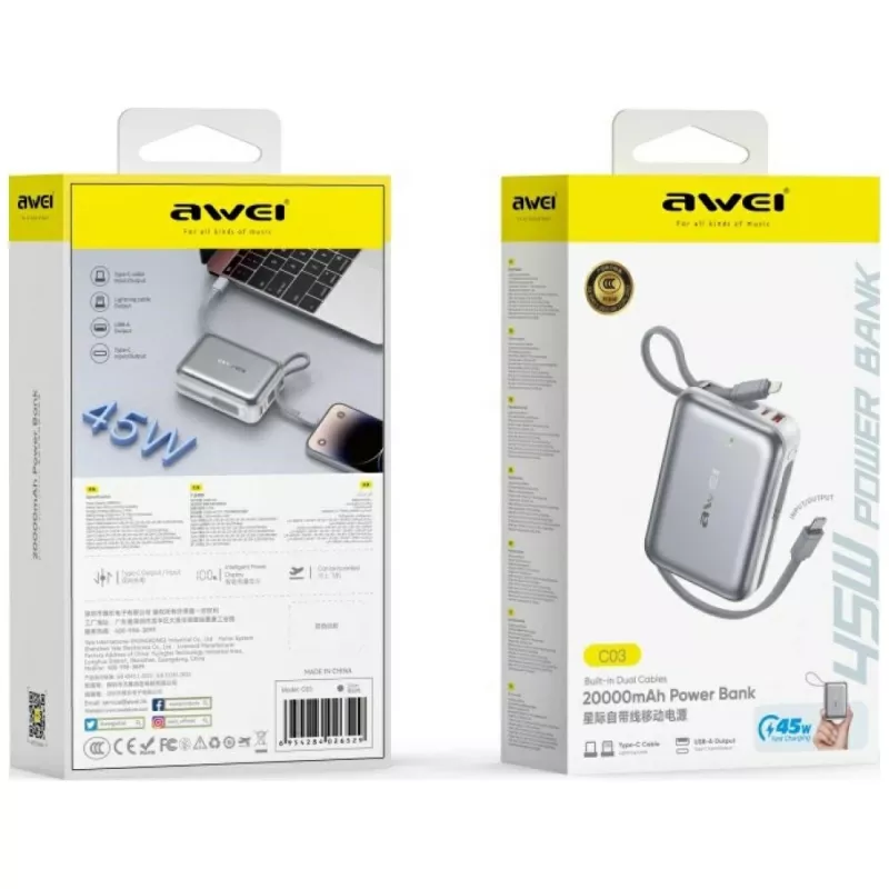 Nešiojama išorinė baterija Awei C03 20000mAh su 45 W išėjimo galia ir integruotu USB-A/USB-C laidu