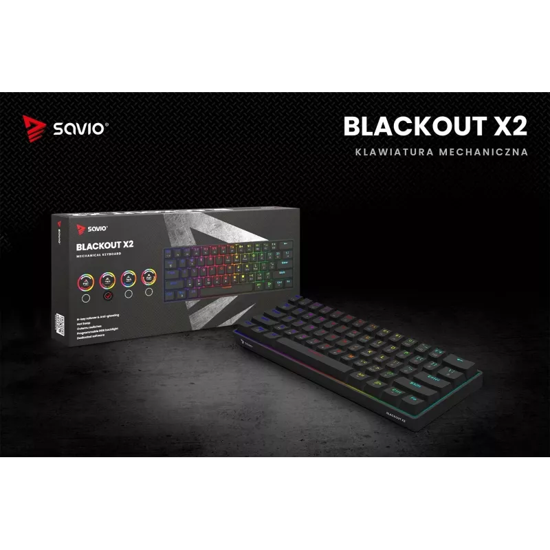 Mechaninė žaidimų klaviatūra SAVIO JuodaOUT X2 BROWN, 61 klavišų, 60 %, USB, QWERTY, RGB, Outemu Brown