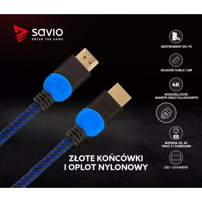 Savio GCL-02 HDMI kabelis 1,8 m HDMI A tipo (standartinis) juoda, mėlyna