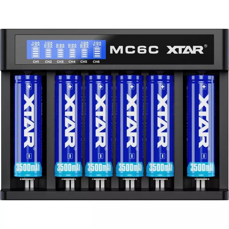 Baterijų įkroviklis XTAR MC6C kelių lizdų išmanusis įkroviklis cilindriniams ličio jonų akumuliatoriams, 6 lizdai, palaiko 18650/21700/AA, 5 V įvestis, juodas