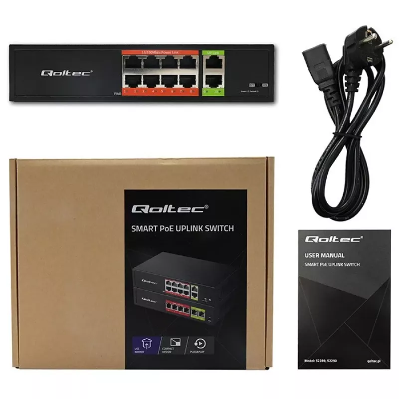 Tinklo komutatorius QOLTEC FAST Ethernet PoE 8xRJ45 su 2xRJ45 aukštyninio ryšio prievadais (modelis 52290)