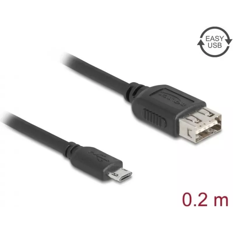 USB 2.0 laidas DELOCK 81516 — Micro‑USB B į USB A, 0.2 m, juodas, paauksuoti kontaktai