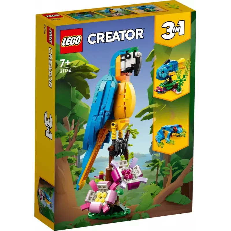 LEGO konstravimo rinkinys Egzotiška papūga 31136 — Creator parodomasis modelis, 253 dalys, 220×120×110 mm