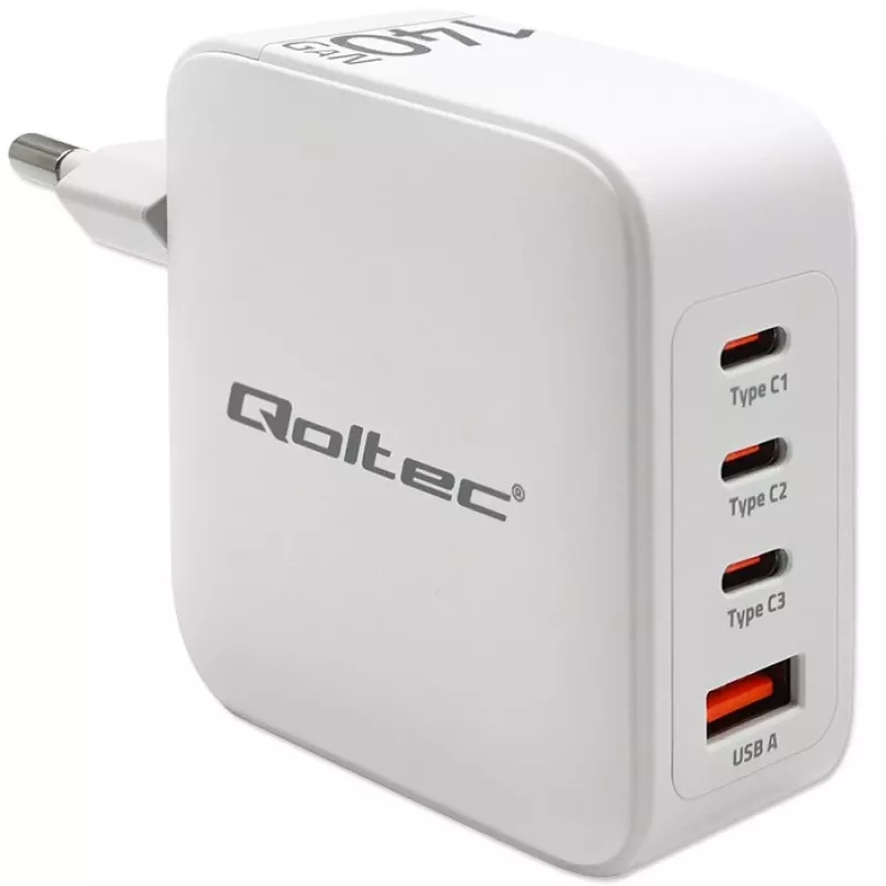 Įkroviklis QOLTEC 51828 140W GaN 3×USB‑C PD + 1×USB‑A QC 3.0 – kelių prievadų greitasis įkroviklis