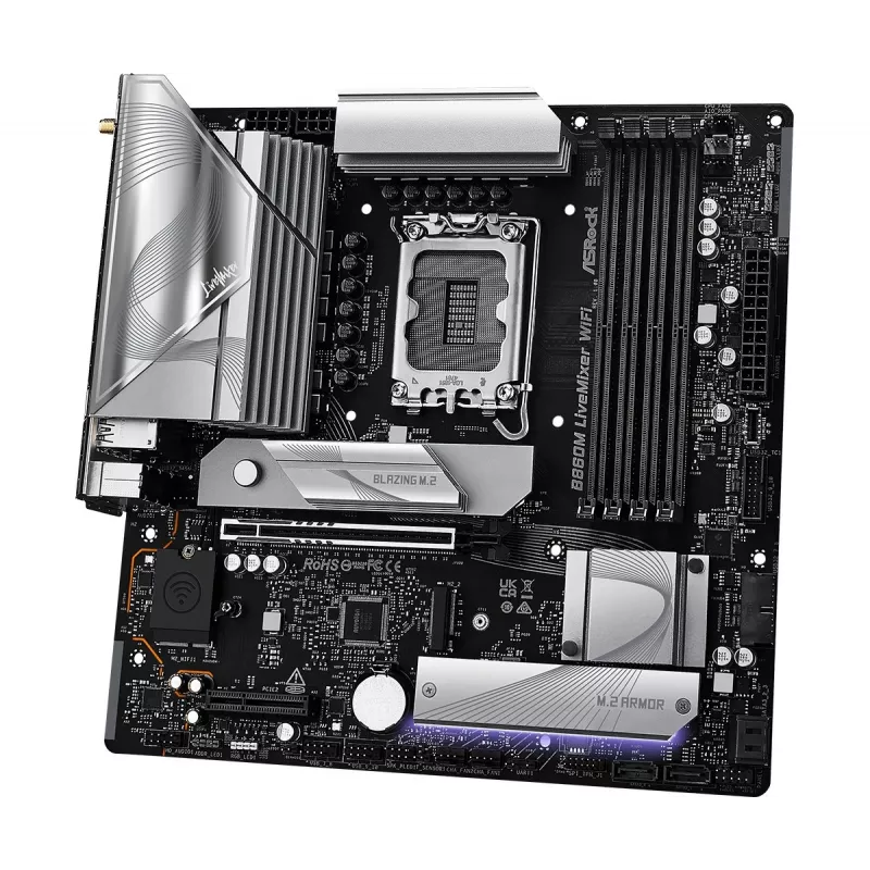 Motininė plokštė ASRock B860M LiveMixer WiFi — Intel B860, LGA 1851, micro ATX, DDR5, 4x DIMM, Wi‑Fi 6E, 2.5Gb LAN