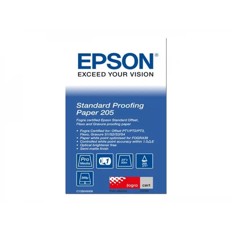 Epson Standartinis Proof Popierius, 24 coliai x 50m, 205g/m², 50 m, 61 cm, 61 cm (24 coliai), Pusiau matinis, 200 µm, 205 g/m²