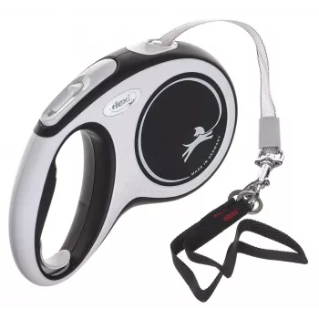 Ištraukiamas pavadėlis Flexi New Comfort M Tape 5 m Juoda — juostinis ištraukiamas pavadėlis, dydis M, maks. apkrova 25 kg, svoris 300 g