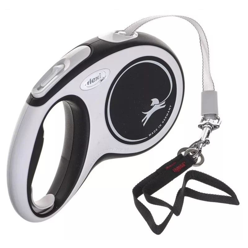 Ištraukiamas pavadėlis Flexi New Comfort M Tape 5 m Juoda — juostinis ištraukiamas pavadėlis, dydis M, maks. apkrova 25 kg, svoris 300 g