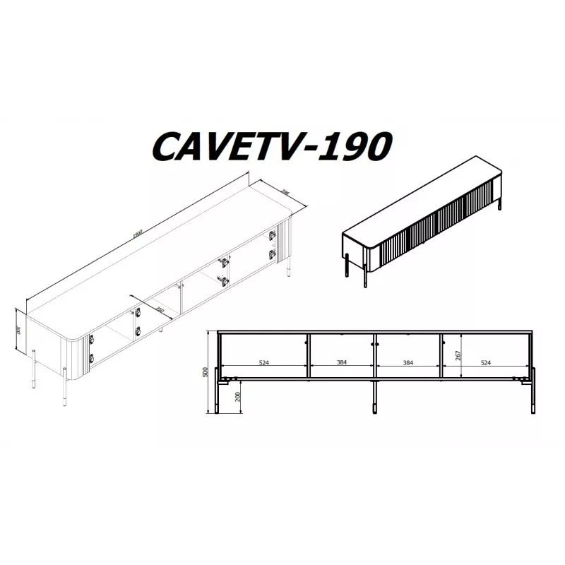 TV spintelė Cama Meble VERA 190x40x50 cm, matinė balta, medžio drožlių plokštės viršus