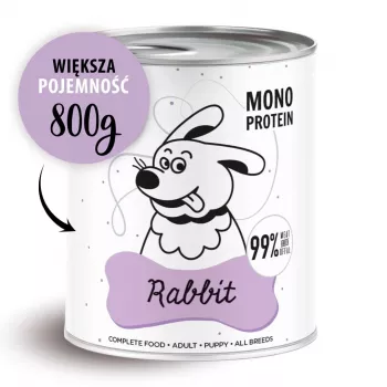 Šlapias šunų maistas PAKA ZWIERZAKA Pepe Rabbit 800 g — pilnavertis konservuotas pašaras suaugusiems šunims, triušiena, 85,4 % drėgmės