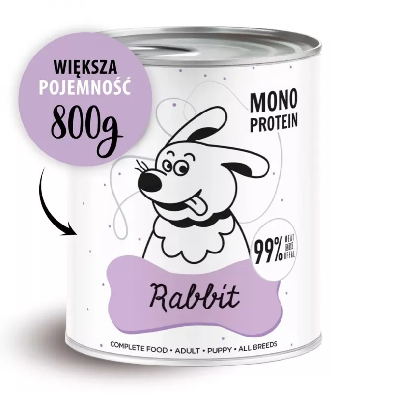 Šlapias šunų maistas PAKA ZWIERZAKA Pepe Rabbit 800 g — pilnavertis konservuotas pašaras suaugusiems šunims, triušiena, 85,4 % drėgmės
