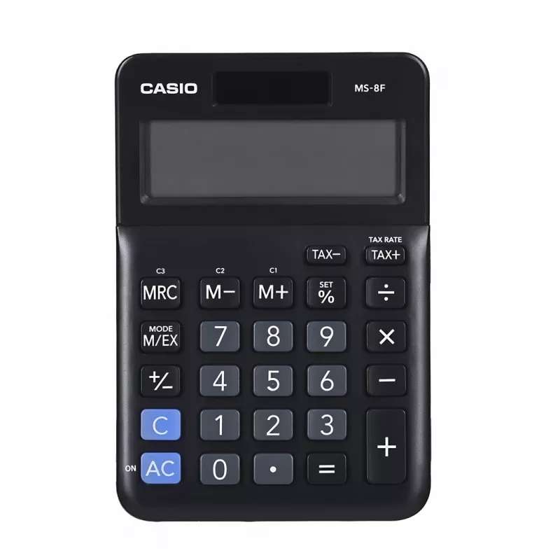 Stalinis pagrindinis skaičiuotuvas CASIO MS-8F – 8 skaitmenų, baterija/saulės energija, 26 klavišai, valiutos ir mokesčių funkcijos, pelno skaičiavimas, juodas