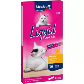 Drėgnas mėsingos pastos skanėstas katėms Vitakraft Liquid Snack 6×15 g — vištiena ir kiauliena, suaugusioms katėms, be cukraus ir sojos