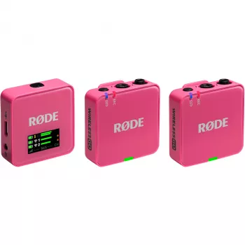 Belaidis mikrofonas RODE Wireless GO III Pink — kompaktiška dviejų kanalų siųstuvo ir imtuvo sistema