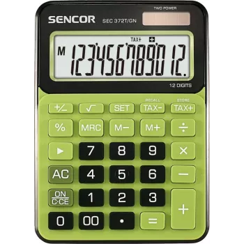 Stalinis skaičiuotuvas SENCOR SEC 372GN 12 skaitmenų LCD, pagrindinės aritmetinės funkcijos, maitinamas saulės energija ir baterijomis