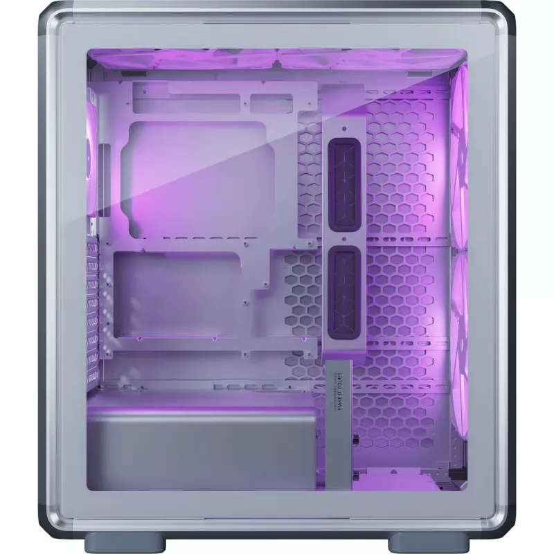 Kompiuterio Midi Tower korpusas Cooler Master MasterFrame 500 Mesh — juodas su permatomu šonu, palaiko ATX maitinimo bloką, 2x200 mm priekyje + 1x120 mm gale, 2,5 colio/3,5 colio diskų talpinimo vieta