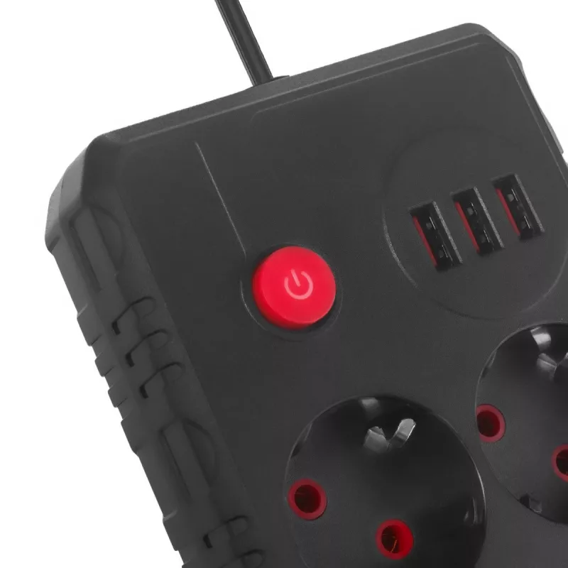 Kištukinis lizdas MACLEAN MCE388 B — 2 kintamosios srovės lizdai, 3×USB A, 110–120V 50/60Hz, 2500W, 3 m laidas, juodas
