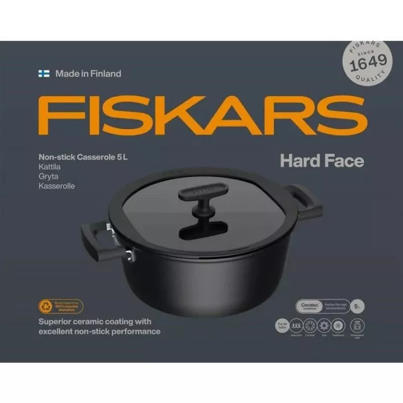 Keraminis puodas Fiskars HARD FACE 5 L su dangčiu, nelimpanti danga