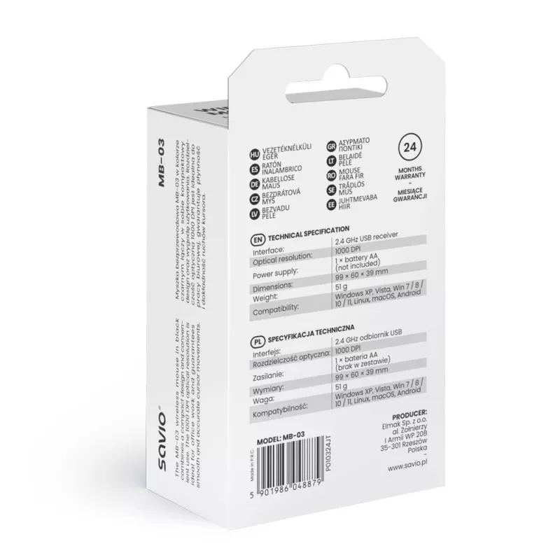 Belaidė pelė SAVIO MB-03, Bluetooth sąsaja, 1000 DPI, AA baterija, 99×60×39 mm, 51 g, imtuvas pridedamas
