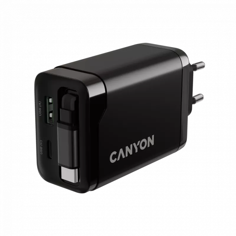 Įkroviklis CANYON OnCharge 65RC su integruotu USB-C laidu, 65W, 1x PD, 1x QC, ES kištukas, juodas