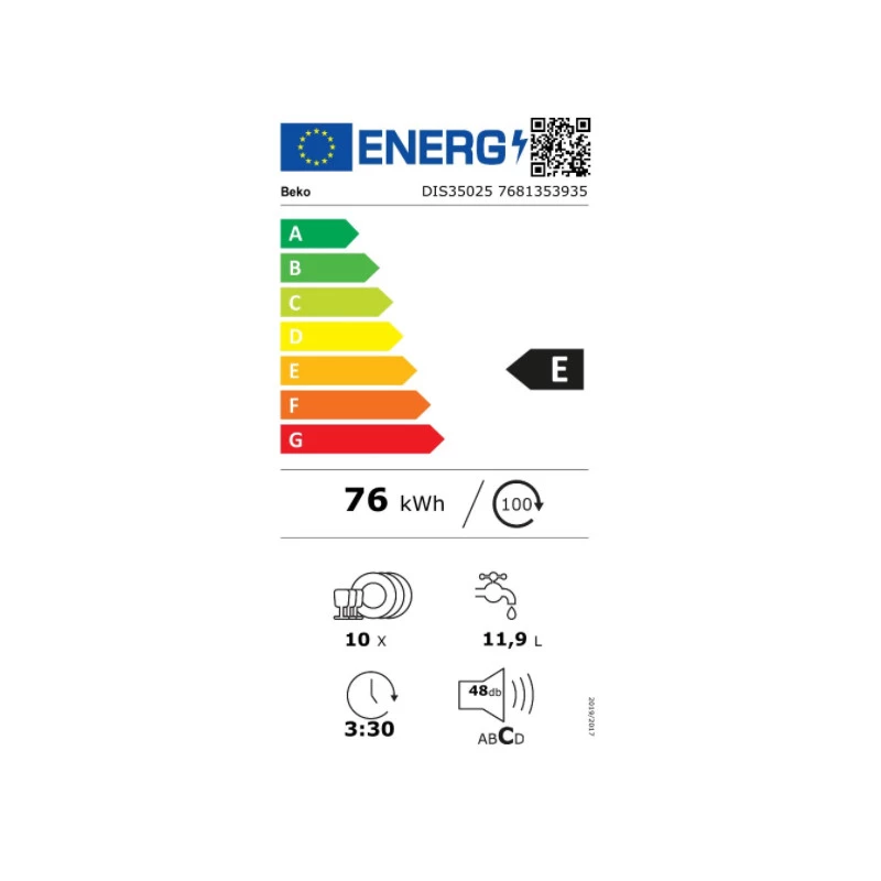BEKO įmontuojama indaplovė DIS35020, energijos klasė E, 45 cm, 5 programos