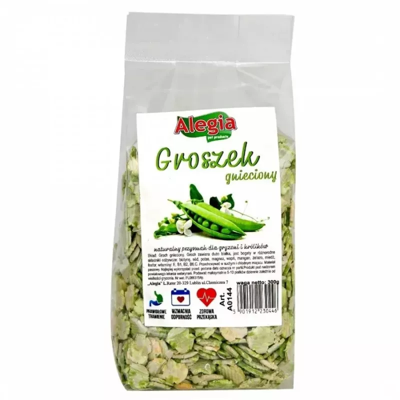 Smulkintų žirnių maisto papildas graužikams ir triušiams Alegia 300 g — kietas daržovių skonio skanėstas, be glitimo, sojos ir cukraus