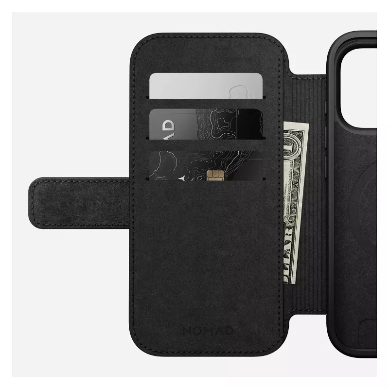 „Folio“ telefono dėklas „Nomad Modern Leather Folio“, skirtas „iPhone 17 Pro“, oda + aliuminis, 6,3 colio (16 cm), rusvai ruda, 3 kortelių kišenės