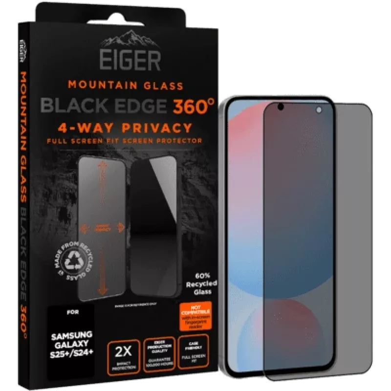 Apsauginis telefono dėklas Eiger Privacy Edge 360, skirtas Samsung Galaxy S25+/S24+ — patvari 360° kraštų apsauga
