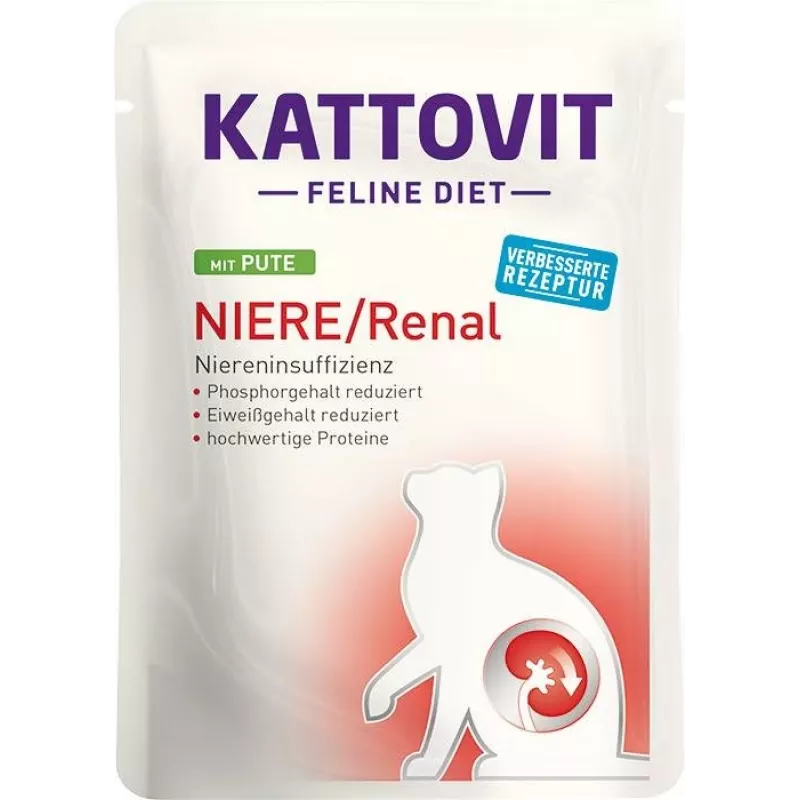Šlapias kačių maistas KATTOVIT Niere/Renal 85 g paketėlis — 12 x 85 g, paukštiena (jautiena, vištiena, antis, kalakutiena) suaugusioms katėms, turinčioms inkstų nepakankamumą