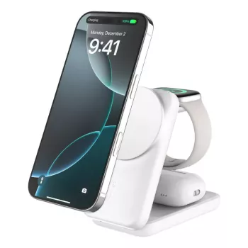 Vidinis įkroviklis Belkin UltraCharge 25W Qi2 3in1 magnetinis įkroviklis ES baltas kvadratinis