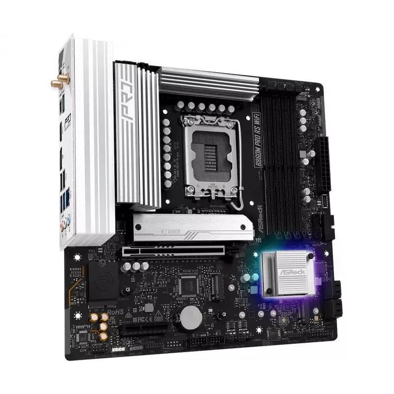 Pagrindinė plokštė ASRock B860M Pro RS WiFi — Intel B860, LGA 1851, micro ATX, DDR5, 4 DIMM, 3x M.2, 2.5Gb LAN, Wi‑Fi, Bluetooth