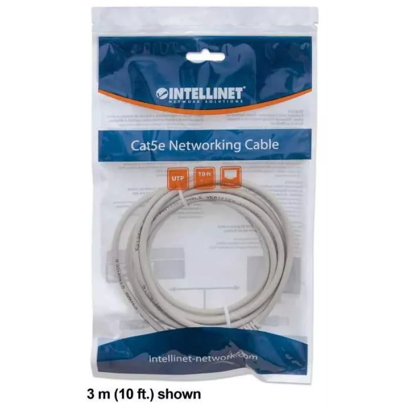 Intellinet tinklo komutacinis kabelis, Cat6, 1 m, pilkas, CCA, U/UTP, PVC, RJ45, auksu dengti kontaktai, su apsauga nuo užkabinimo, su antgaliais, viso gyvenimo garantija