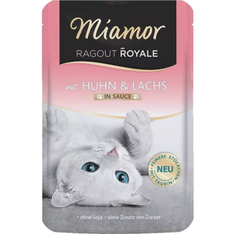 Šlapias kačių ėdalas Miamor Ragout Royale Vištiena ir Lašiša 100 g — be grūdų, be sojos, be glitimo