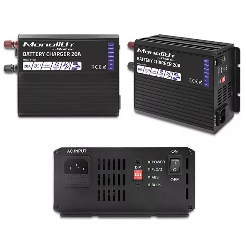 Įkroviklis QOLTEC Monolith 20A 12V, skirtas LiFePO4, AGM, GEL, SLA baterijoms