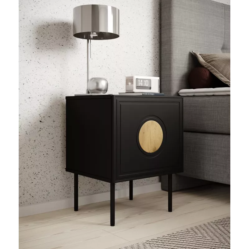 2 vnt. naktinių staliukų rinkinys cama meble PALAZZO 44,5×40×59 cm juodos ir ąžuolo medienos – 1 durelės, matinis laminatas, metalinės kojelės