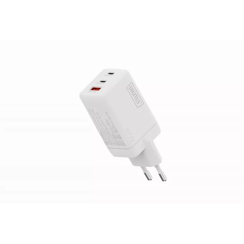 Sieninis įkroviklis DIGITUS DA-10303 67W GaN, 2× USB-C + 1× USB-A, 100–240V, baltas