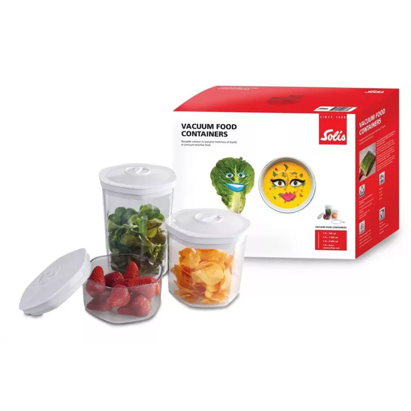 Vakuuminis maisto laikymo indų rinkinys Solis 92278 — šešiakampiai 700 ml, 1,4 l, 2 l, balti/permatomi, tinka šaldytuvui ir šaldikliui