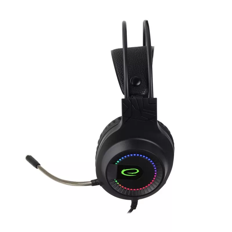Laidinės ausinės ESPERANZA EGH7100 — ant ausų uždedamos žaidimų laisvų rankų įranga, USB 2.0, 1,5 m laidas, išsikišęs mikrofonas, RGB apšvietimas, 32 Ω, 4 cm garsiakalbiai, 269 g