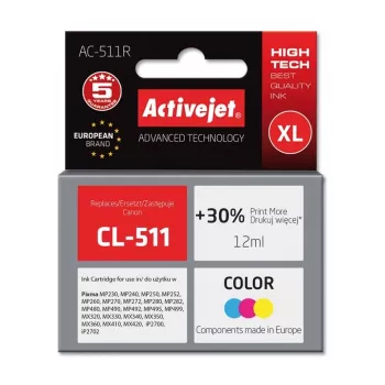 Rašalo kasetė ActiveJet AC-511R suderinama su Canon CL-511, dažų pagrindu pagamintas CMY, didelės (XL) talpos 12 ml, vienkartinė pakuotė