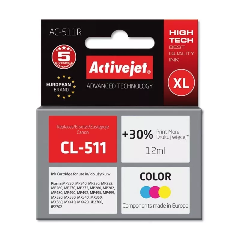 Rašalo kasetė ActiveJet AC-511R suderinama su Canon CL-511, dažų pagrindu pagamintas CMY, didelės (XL) talpos 12 ml, vienkartinė pakuotė