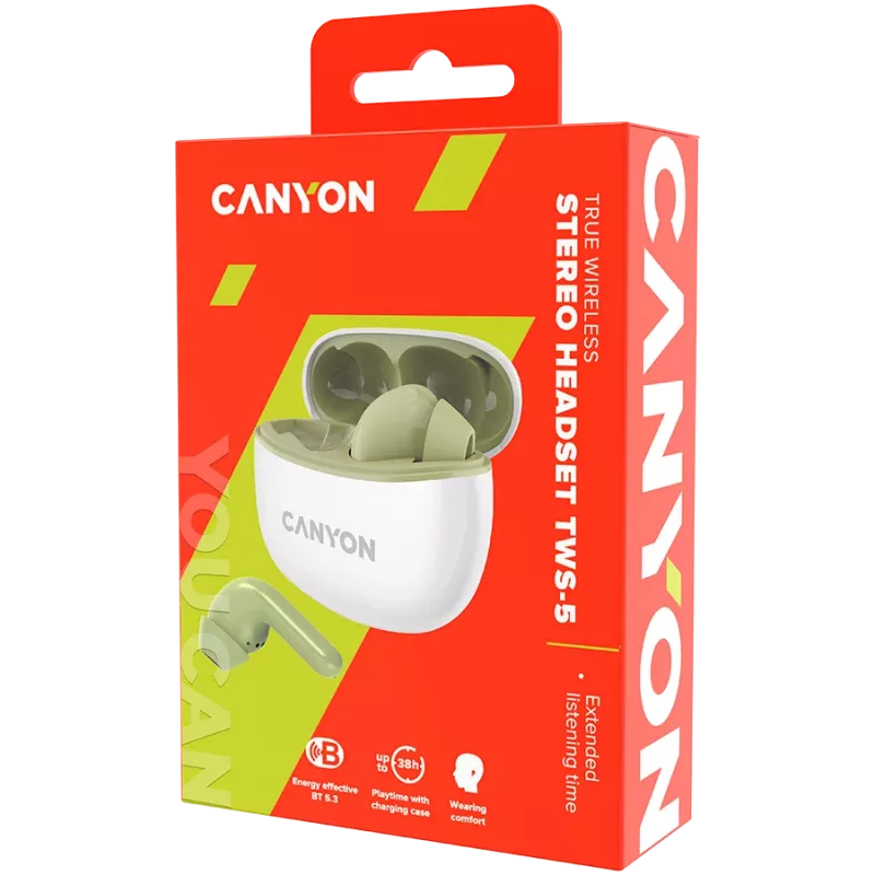 CANYON Ausinės Į ausis TWS-5, Žalia Bluetooth 5.3, liečiamasis valdymas, įkrovimo įvestis: USB-C